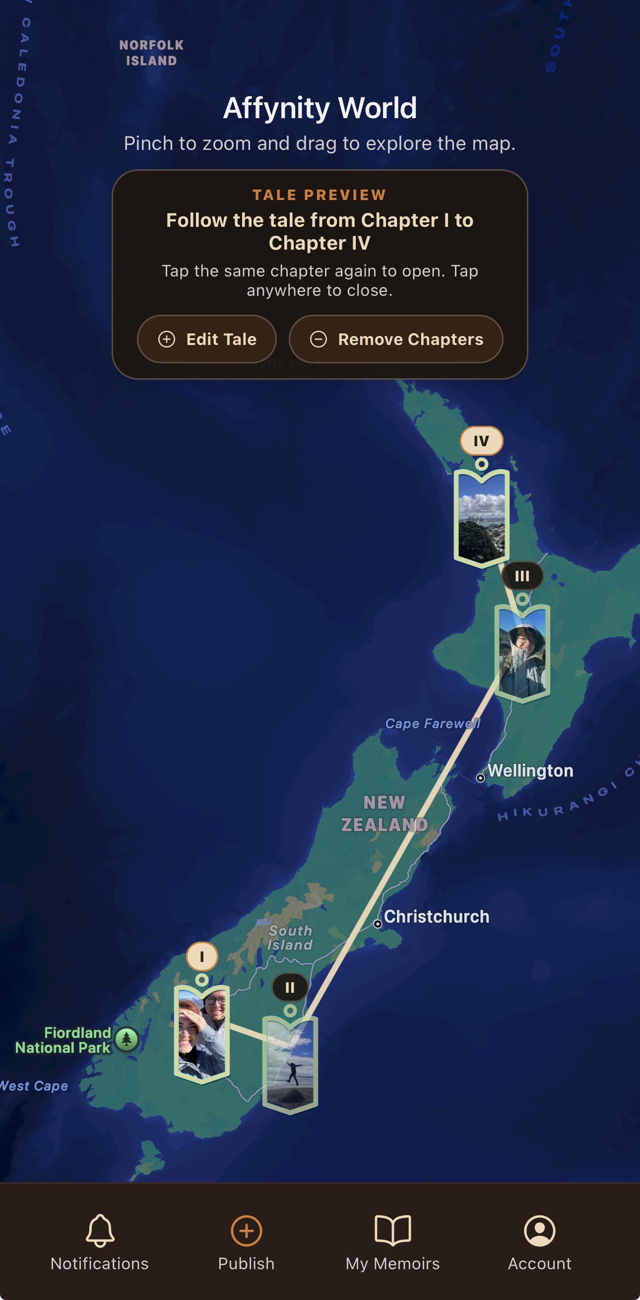 Affynity tale creation screen with the Tell the tale flow.