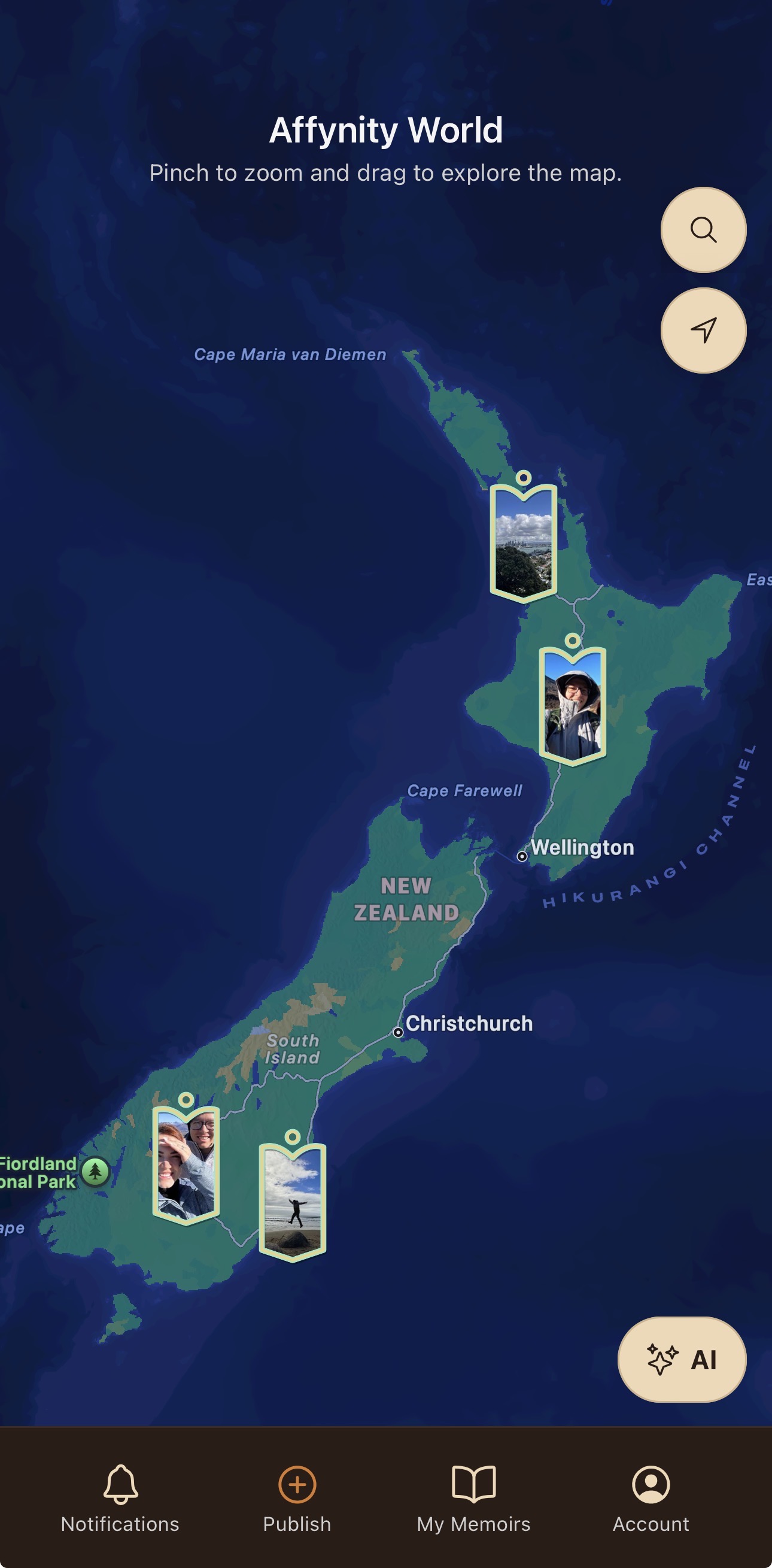 Affynity map view showing chapters written on the map.